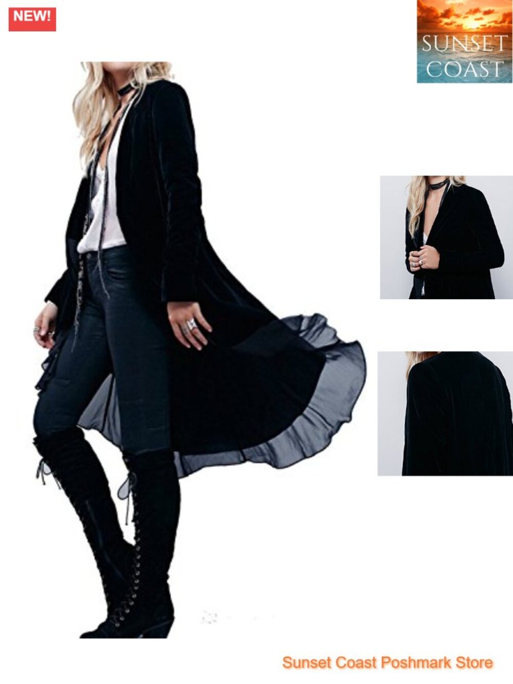 Velvet Long Sleeve Blazer Coat Cardigan Style Irregular Hem Chiffon Ruffle